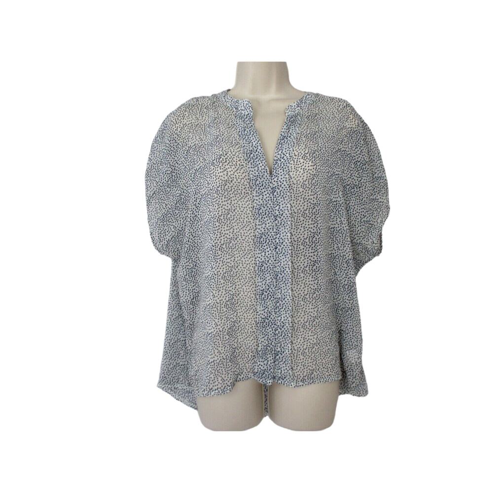 Hale Bob Top Women Large Heart Print Black White Sheer Blouse Cap Sleeve Popover